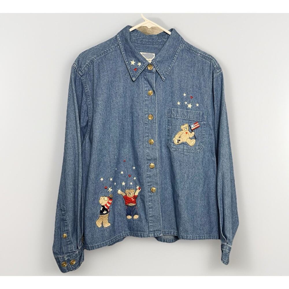 Christopher & Banks XL‎ Embroidered Denim Boxy Button Shirt USA Bears Flag Stars